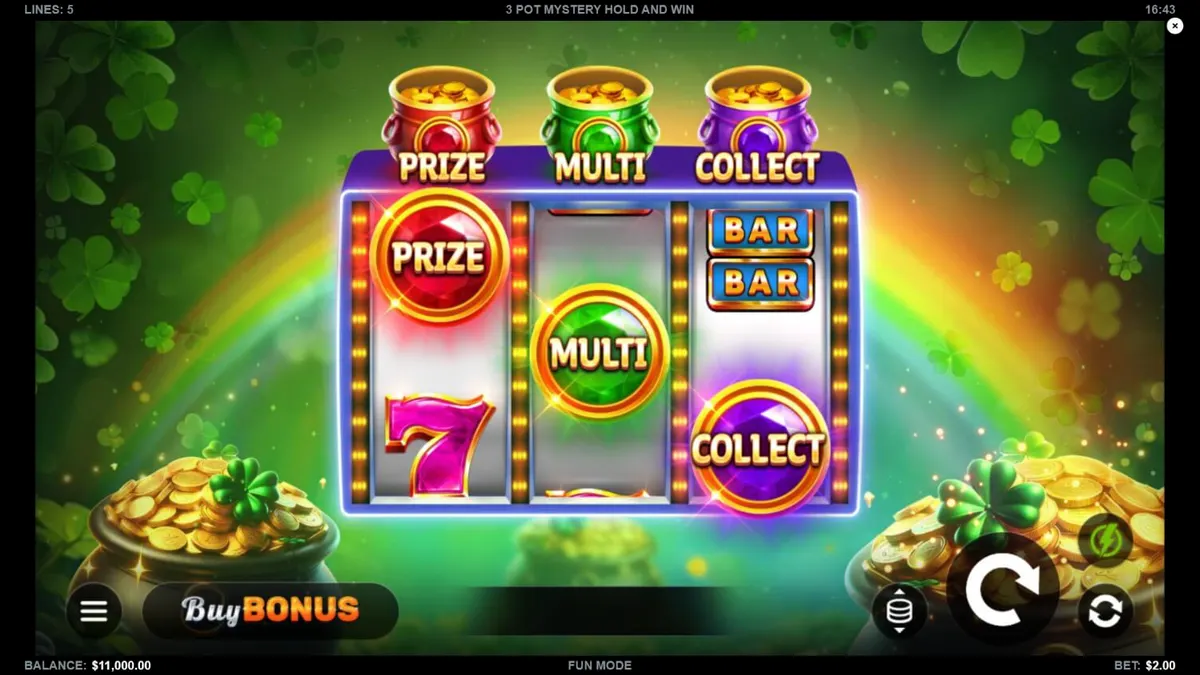 Tampilan visual mesin slot 3 Pot Mystery Hold and Win dengan tema pertambangan emas.