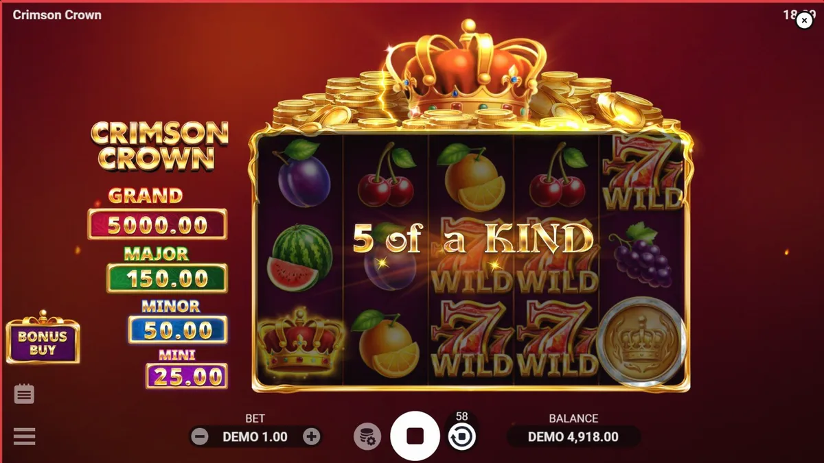 Tampilan antarmuka slot Crimson Crown pada perangkat seluler dengan tema buah klasik dan mahkota mewah