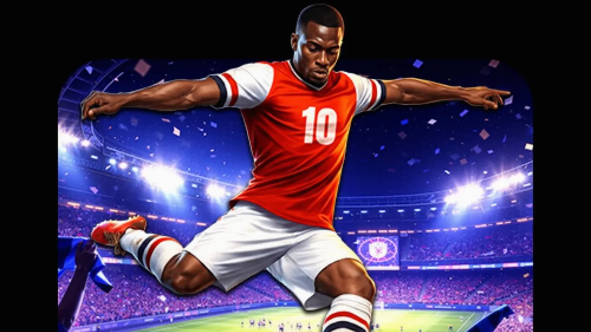 Tampilan visual lapangan sepak bola dan simbol permainan dalam slot Goal Rush Deluxe Hold and Win