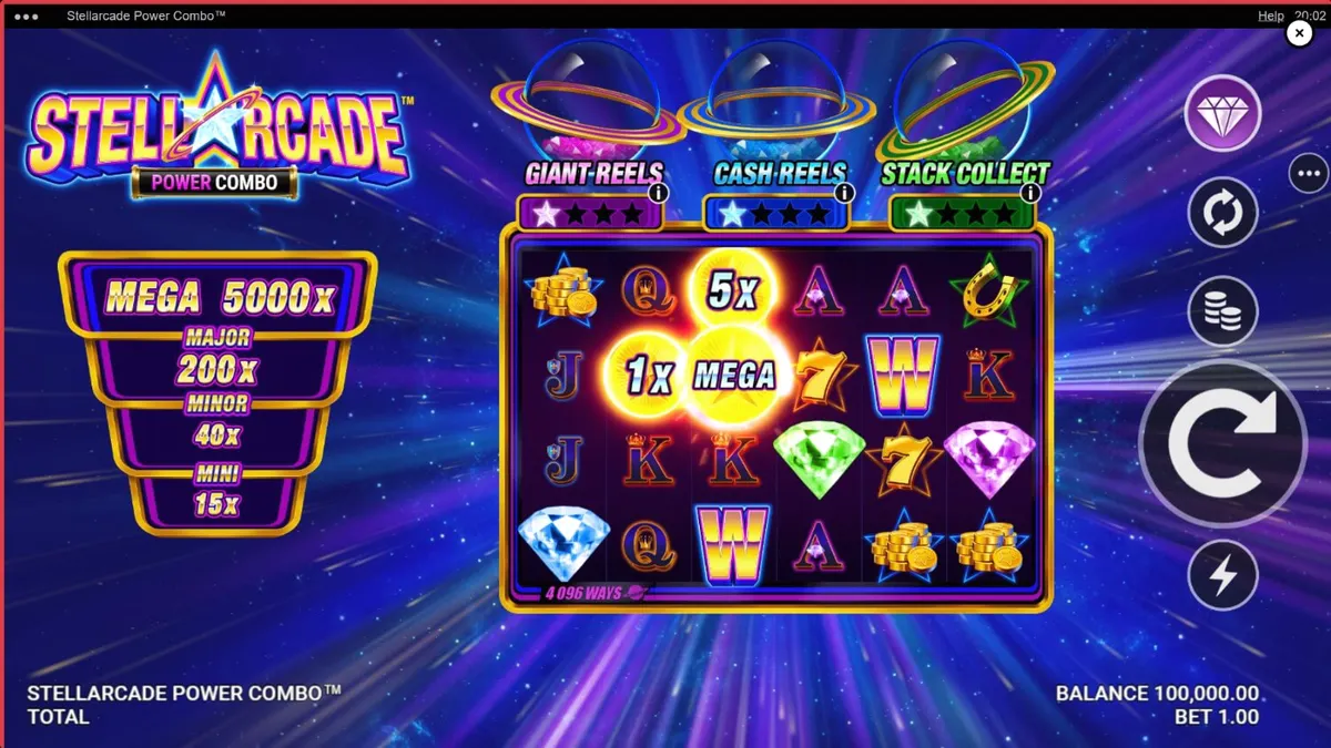 Tampilan visual slot Stellarcade Power Combo dengan nuansa neon ruang angkasa